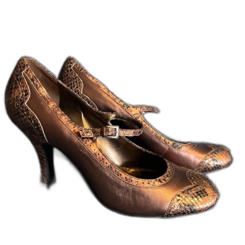 Franco Sarto Heel Mary Janes Brown Bronze Shoes Size 8 Snake Skin Retro Pinup